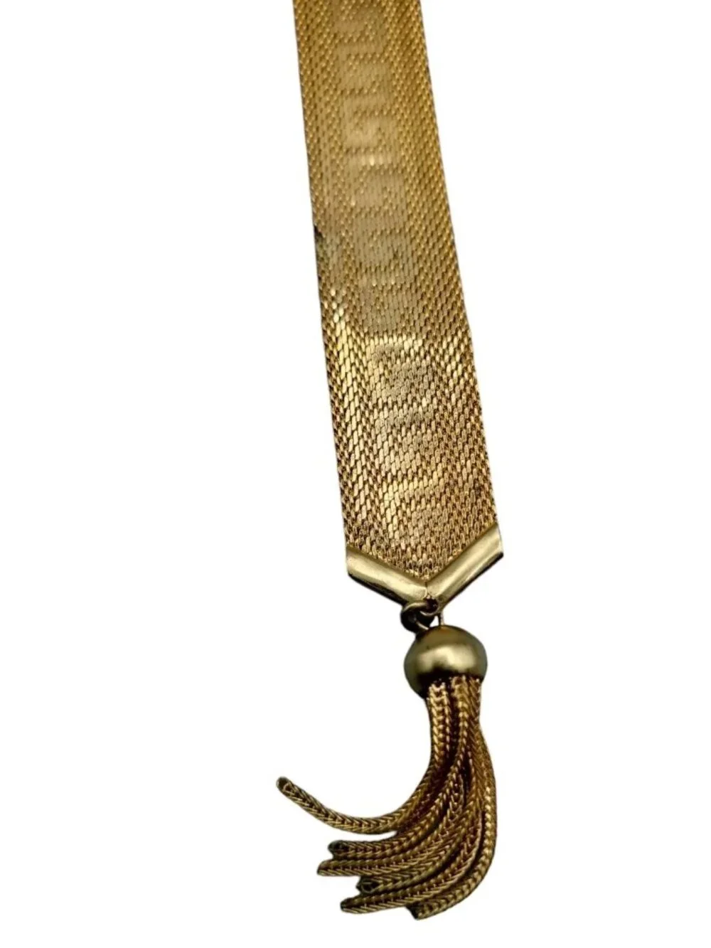Art Deco Byzantine Greek Key Tassel Gold Tone Mesh Slide Bracelet - Picture 10 of 16